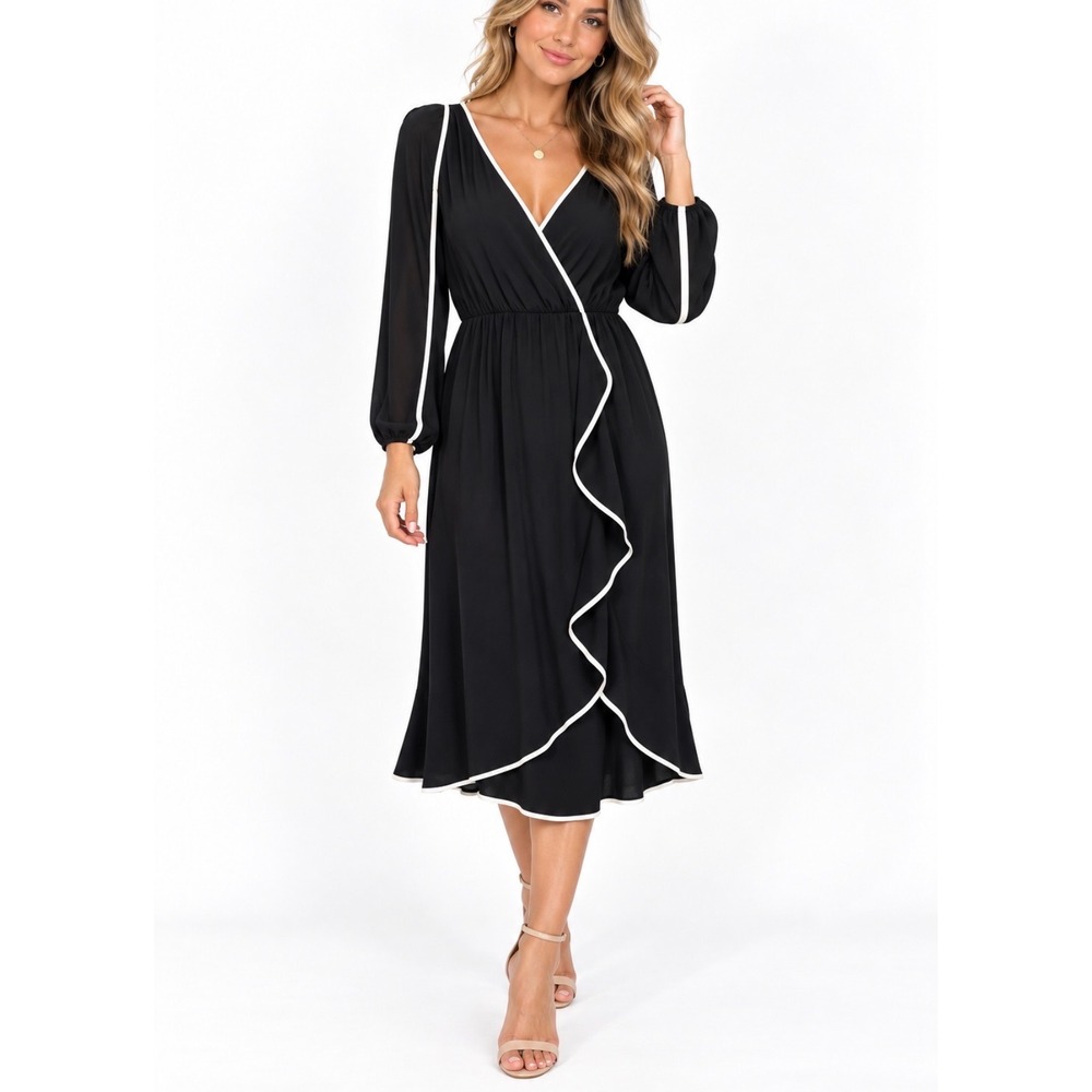 White House Black Market Midi Dress Womens 6 Black Contrast Ruffle Wrap Career